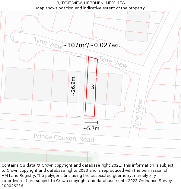 3, TYNE VIEW, HEBBURN, NE31 1EA: Plot and title map