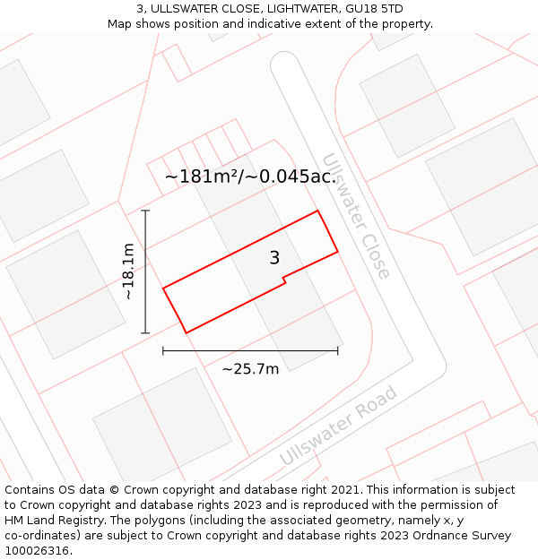 3, ULLSWATER CLOSE, LIGHTWATER, GU18 5TD: Plot and title map