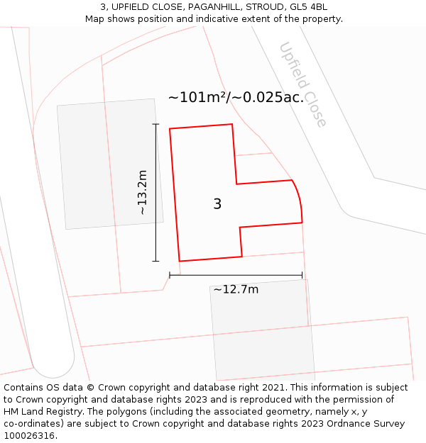 3, UPFIELD CLOSE, PAGANHILL, STROUD, GL5 4BL: Plot and title map