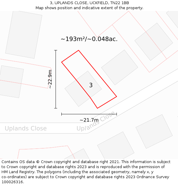 3, UPLANDS CLOSE, UCKFIELD, TN22 1BB: Plot and title map