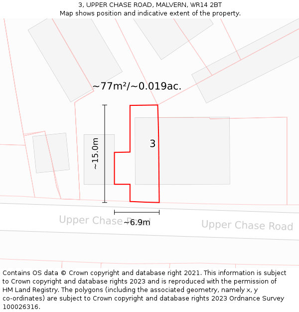 3, UPPER CHASE ROAD, MALVERN, WR14 2BT: Plot and title map