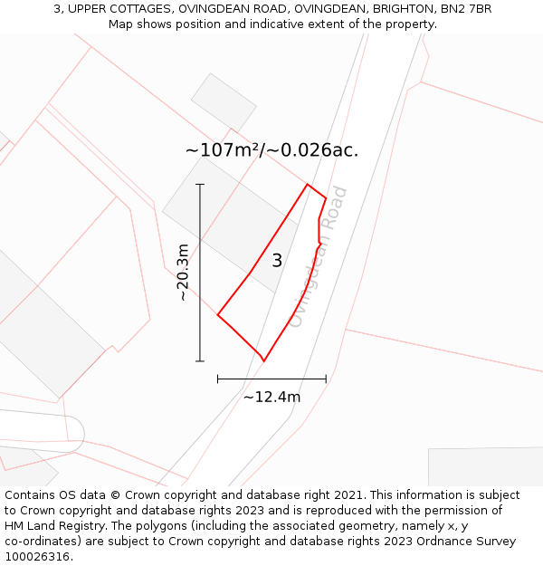 3, UPPER COTTAGES, OVINGDEAN ROAD, OVINGDEAN, BRIGHTON, BN2 7BR: Plot and title map