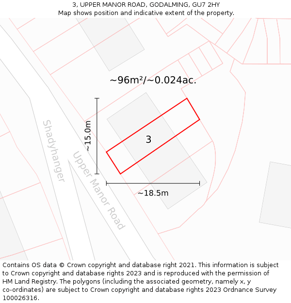 3, UPPER MANOR ROAD, GODALMING, GU7 2HY: Plot and title map