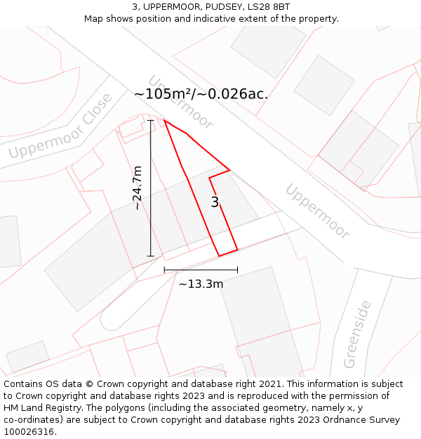 3, UPPERMOOR, PUDSEY, LS28 8BT: Plot and title map