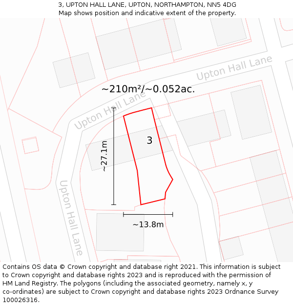 3, UPTON HALL LANE, UPTON, NORTHAMPTON, NN5 4DG: Plot and title map
