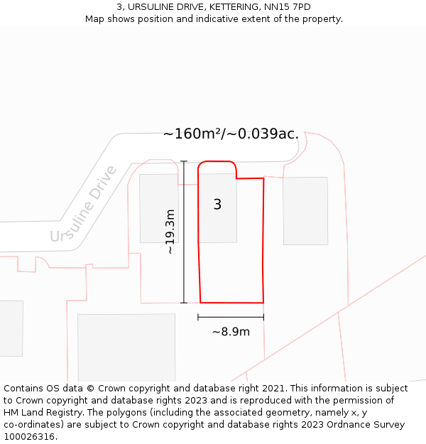 3, URSULINE DRIVE, KETTERING, NN15 7PD: Plot and title map