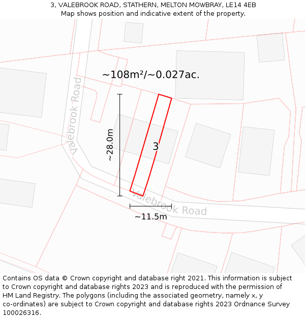 3, VALEBROOK ROAD, STATHERN, MELTON MOWBRAY, LE14 4EB: Plot and title map