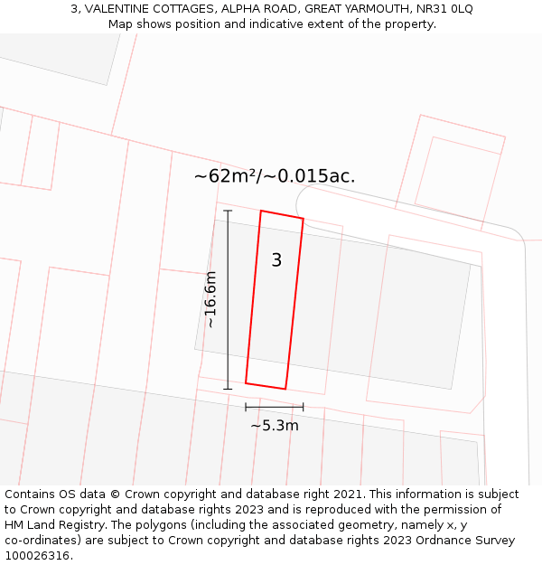 3, VALENTINE COTTAGES, ALPHA ROAD, GREAT YARMOUTH, NR31 0LQ: Plot and title map