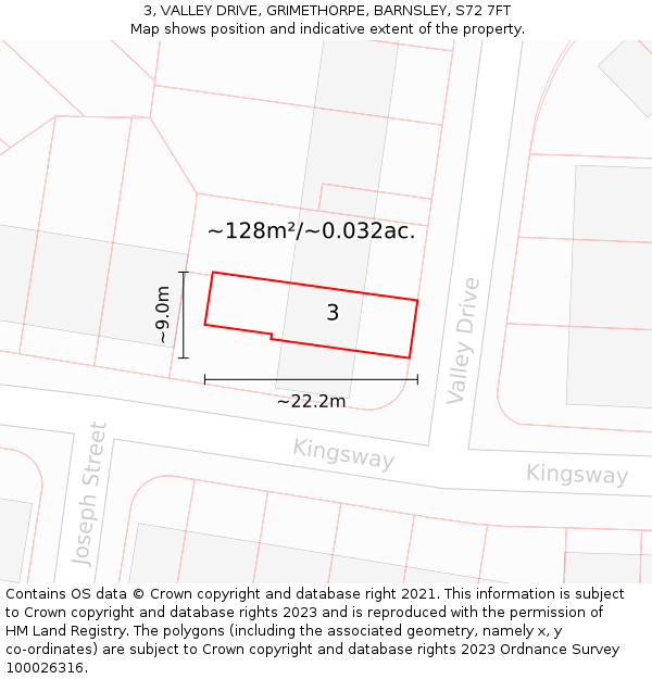 3, VALLEY DRIVE, GRIMETHORPE, BARNSLEY, S72 7FT: Plot and title map