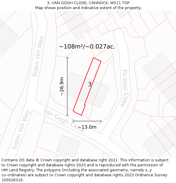 3, VAN GOGH CLOSE, CANNOCK, WS11 7GP: Plot and title map
