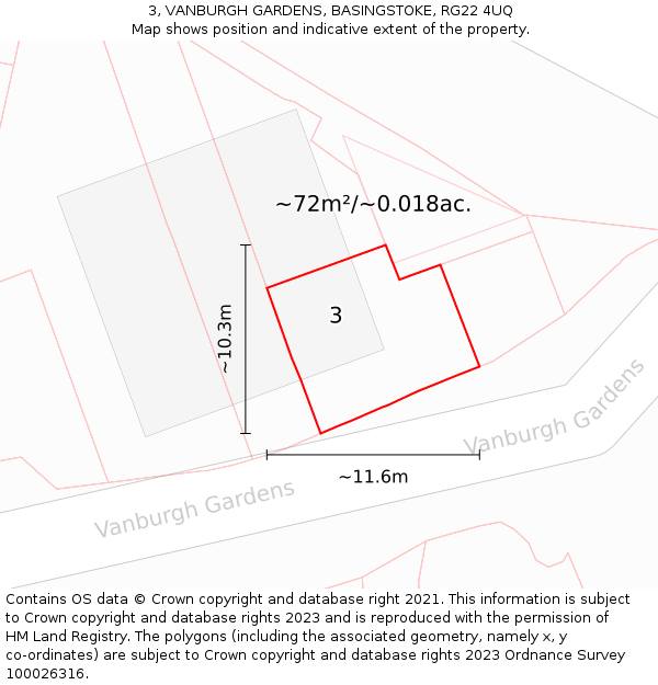 3, VANBURGH GARDENS, BASINGSTOKE, RG22 4UQ: Plot and title map