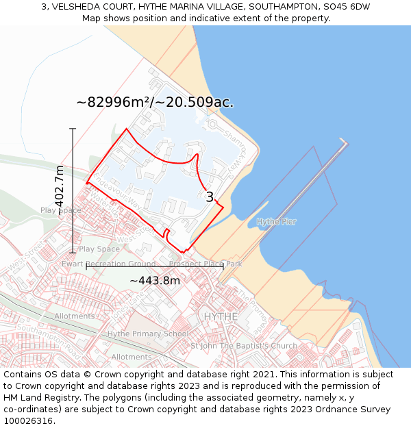 3, VELSHEDA COURT, HYTHE MARINA VILLAGE, SOUTHAMPTON, SO45 6DW: Plot and title map