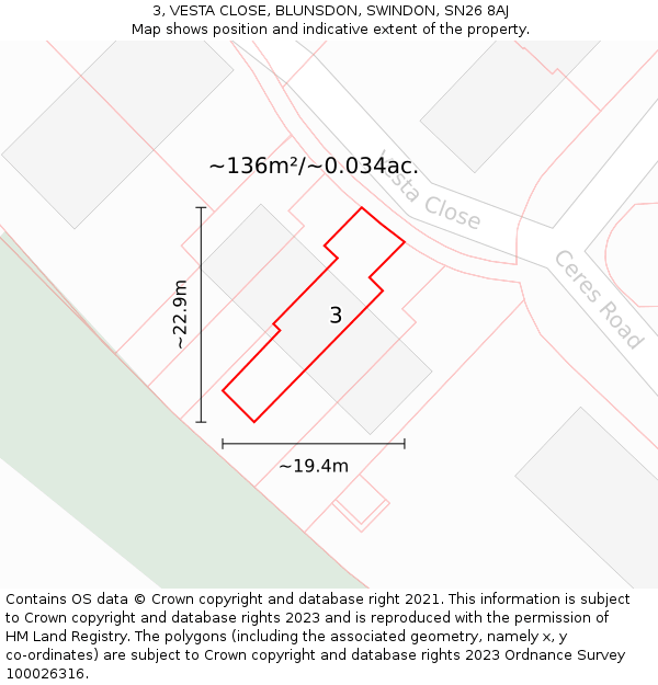 3, VESTA CLOSE, BLUNSDON, SWINDON, SN26 8AJ: Plot and title map