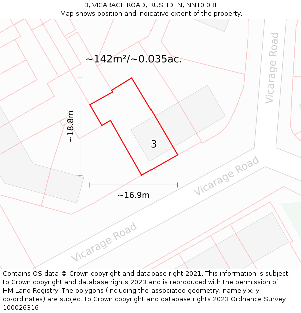 3, VICARAGE ROAD, RUSHDEN, NN10 0BF: Plot and title map