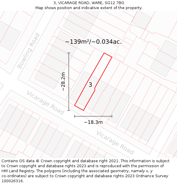 3, VICARAGE ROAD, WARE, SG12 7BG: Plot and title map