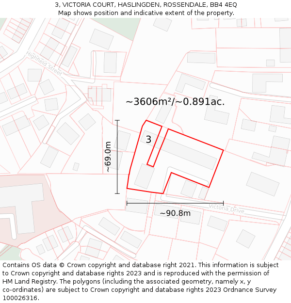 3, VICTORIA COURT, HASLINGDEN, ROSSENDALE, BB4 4EQ: Plot and title map