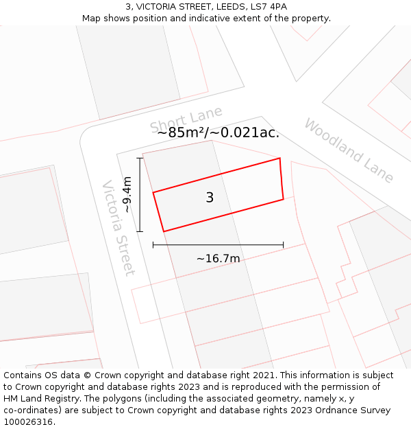 3, VICTORIA STREET, LEEDS, LS7 4PA: Plot and title map