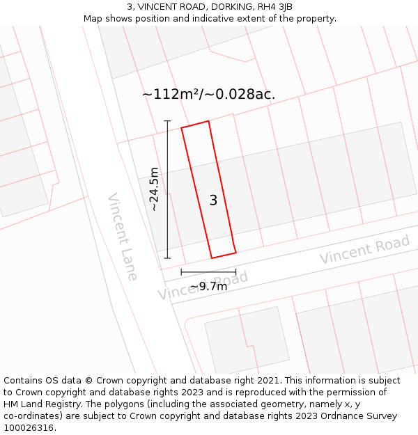 3, VINCENT ROAD, DORKING, RH4 3JB: Plot and title map