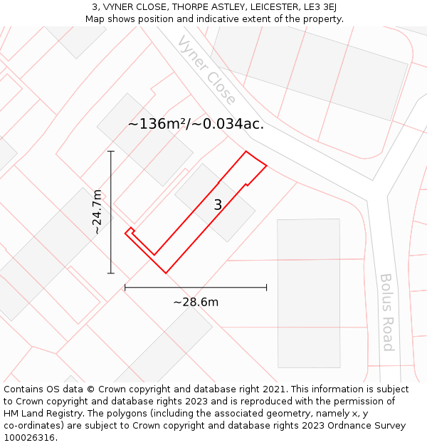 3, VYNER CLOSE, THORPE ASTLEY, LEICESTER, LE3 3EJ: Plot and title map