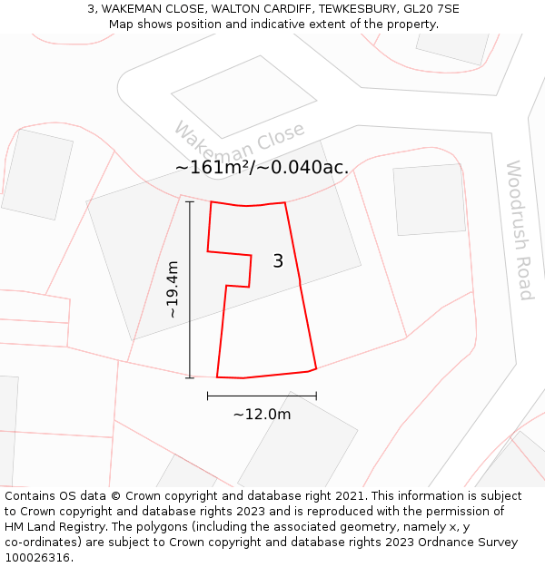 3, WAKEMAN CLOSE, WALTON CARDIFF, TEWKESBURY, GL20 7SE: Plot and title map