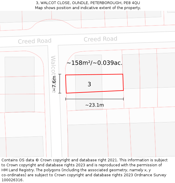 3, WALCOT CLOSE, OUNDLE, PETERBOROUGH, PE8 4QU: Plot and title map
