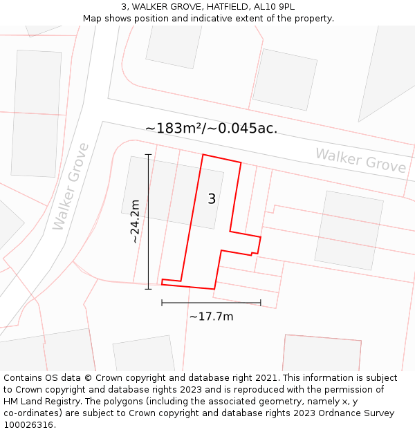 3, WALKER GROVE, HATFIELD, AL10 9PL: Plot and title map