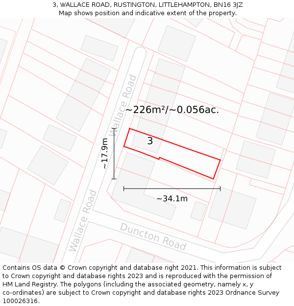 3, WALLACE ROAD, RUSTINGTON, LITTLEHAMPTON, BN16 3JZ: Plot and title map