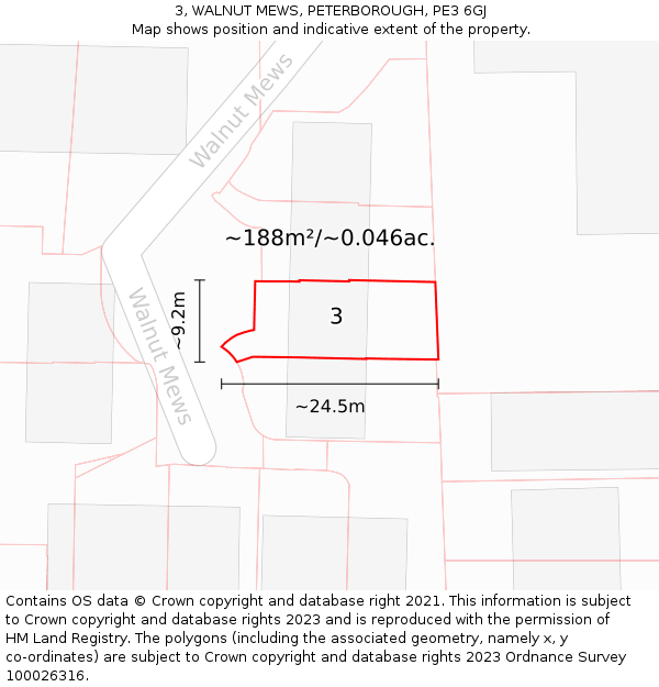 3, WALNUT MEWS, PETERBOROUGH, PE3 6GJ: Plot and title map