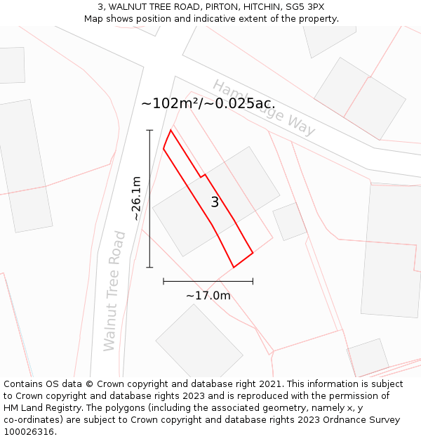 3, WALNUT TREE ROAD, PIRTON, HITCHIN, SG5 3PX: Plot and title map