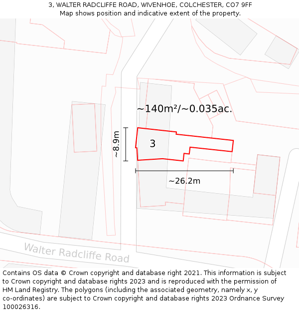 3, WALTER RADCLIFFE ROAD, WIVENHOE, COLCHESTER, CO7 9FF: Plot and title map