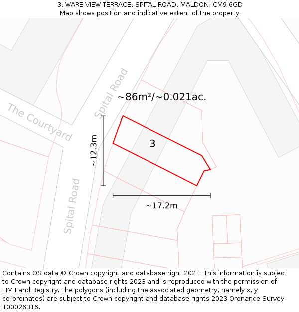 3, WARE VIEW TERRACE, SPITAL ROAD, MALDON, CM9 6GD: Plot and title map