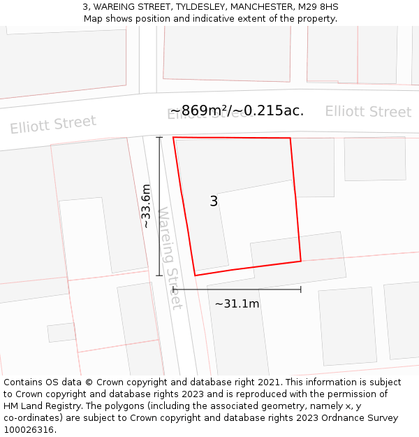 3, WAREING STREET, TYLDESLEY, MANCHESTER, M29 8HS: Plot and title map