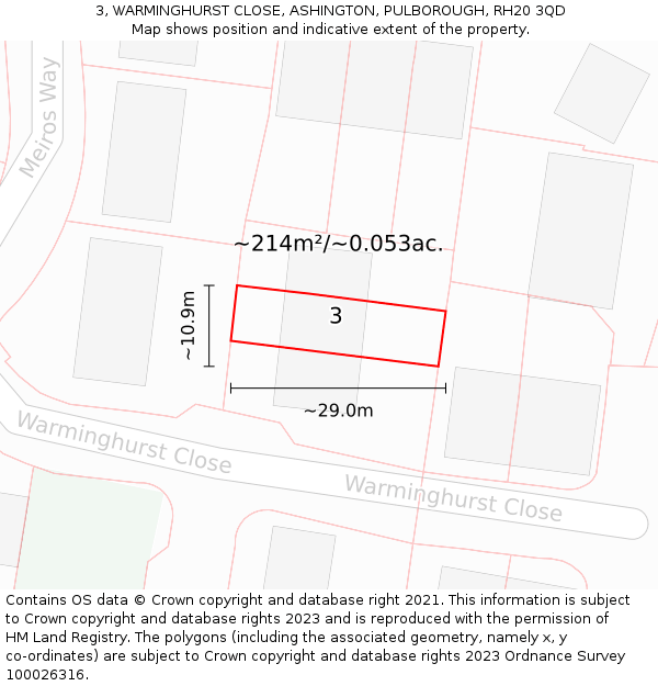 3, WARMINGHURST CLOSE, ASHINGTON, PULBOROUGH, RH20 3QD: Plot and title map
