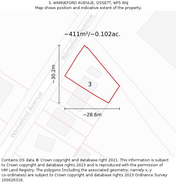 3, WARNEFORD AVENUE, OSSETT, WF5 9NJ: Plot and title map