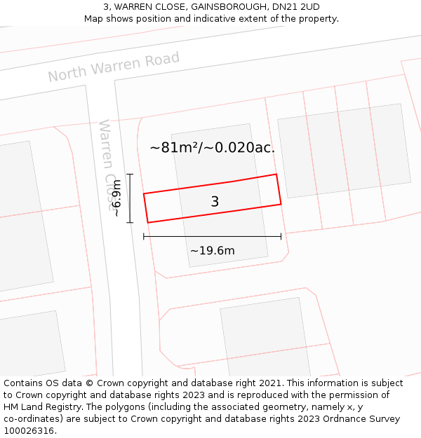 3, WARREN CLOSE, GAINSBOROUGH, DN21 2UD: Plot and title map