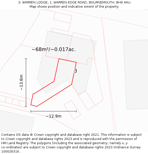 3, WARREN LODGE, 1, WARREN EDGE ROAD, BOURNEMOUTH, BH6 4AU: Plot and title map
