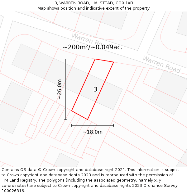 3, WARREN ROAD, HALSTEAD, CO9 1XB: Plot and title map