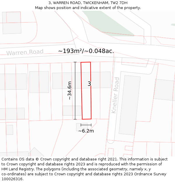 3, WARREN ROAD, TWICKENHAM, TW2 7DH: Plot and title map