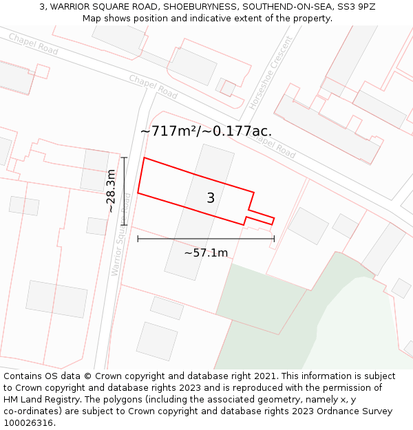 3, WARRIOR SQUARE ROAD, SHOEBURYNESS, SOUTHEND-ON-SEA, SS3 9PZ: Plot and title map