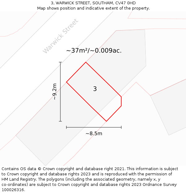 3, WARWICK STREET, SOUTHAM, CV47 0HD: Plot and title map