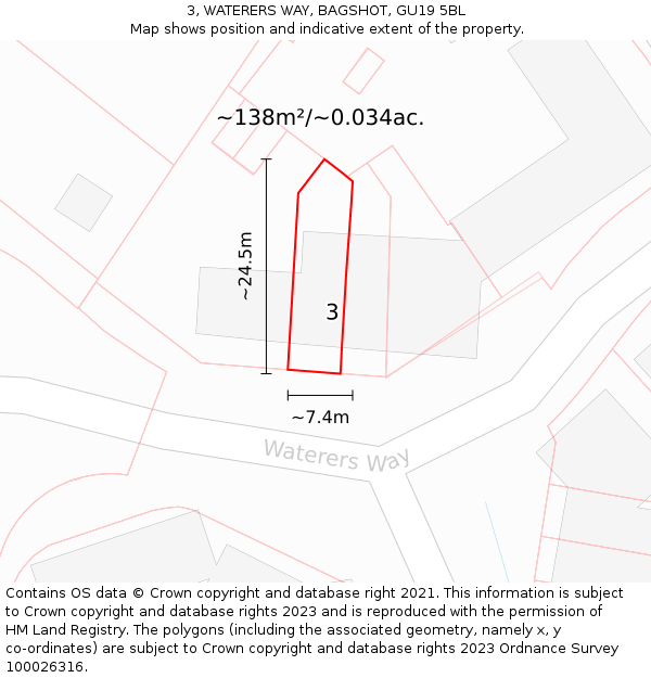 3, WATERERS WAY, BAGSHOT, GU19 5BL: Plot and title map