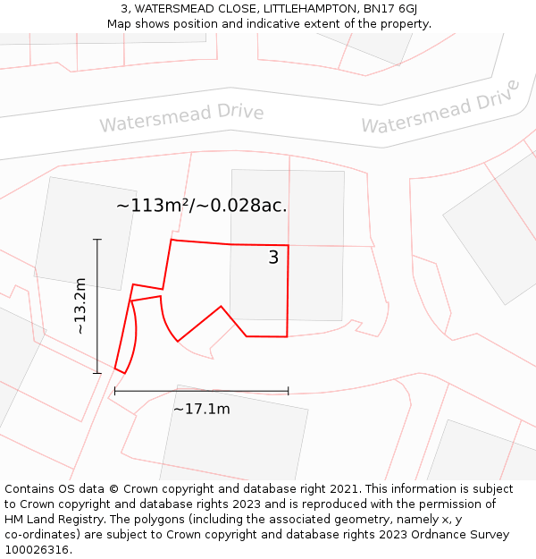 3, WATERSMEAD CLOSE, LITTLEHAMPTON, BN17 6GJ: Plot and title map