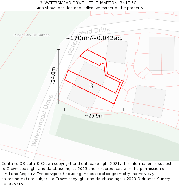 3, WATERSMEAD DRIVE, LITTLEHAMPTON, BN17 6GH: Plot and title map