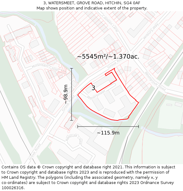 3, WATERSMEET, GROVE ROAD, HITCHIN, SG4 0AF: Plot and title map