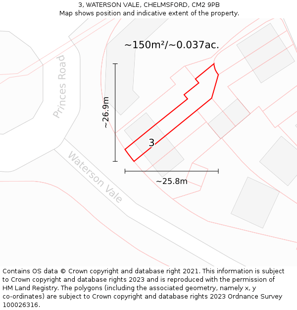 3, WATERSON VALE, CHELMSFORD, CM2 9PB: Plot and title map