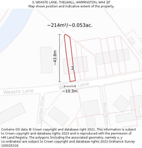 3, WEASTE LANE, THELWALL, WARRINGTON, WA4 3JT: Plot and title map