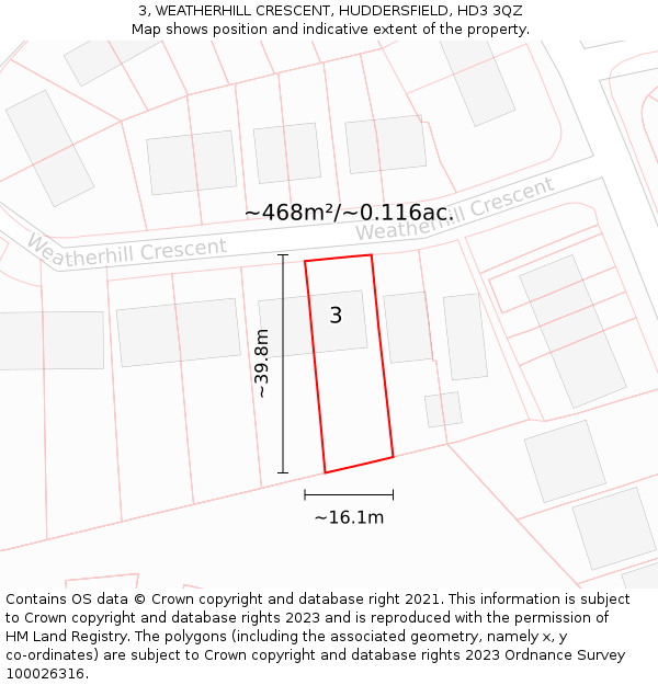 3, WEATHERHILL CRESCENT, HUDDERSFIELD, HD3 3QZ: Plot and title map