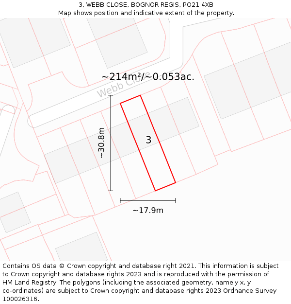 3, WEBB CLOSE, BOGNOR REGIS, PO21 4XB: Plot and title map