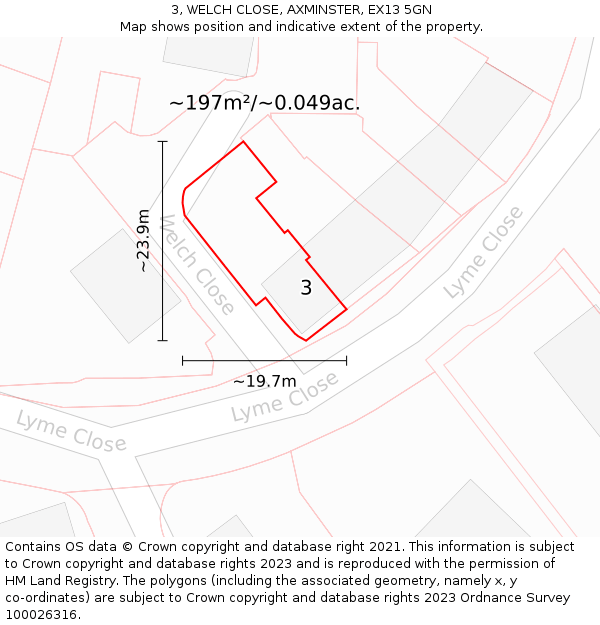 3, WELCH CLOSE, AXMINSTER, EX13 5GN: Plot and title map