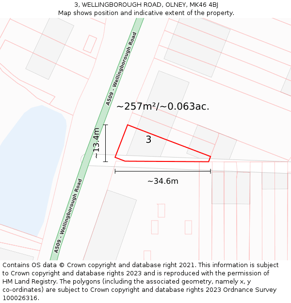 3, WELLINGBOROUGH ROAD, OLNEY, MK46 4BJ: Plot and title map